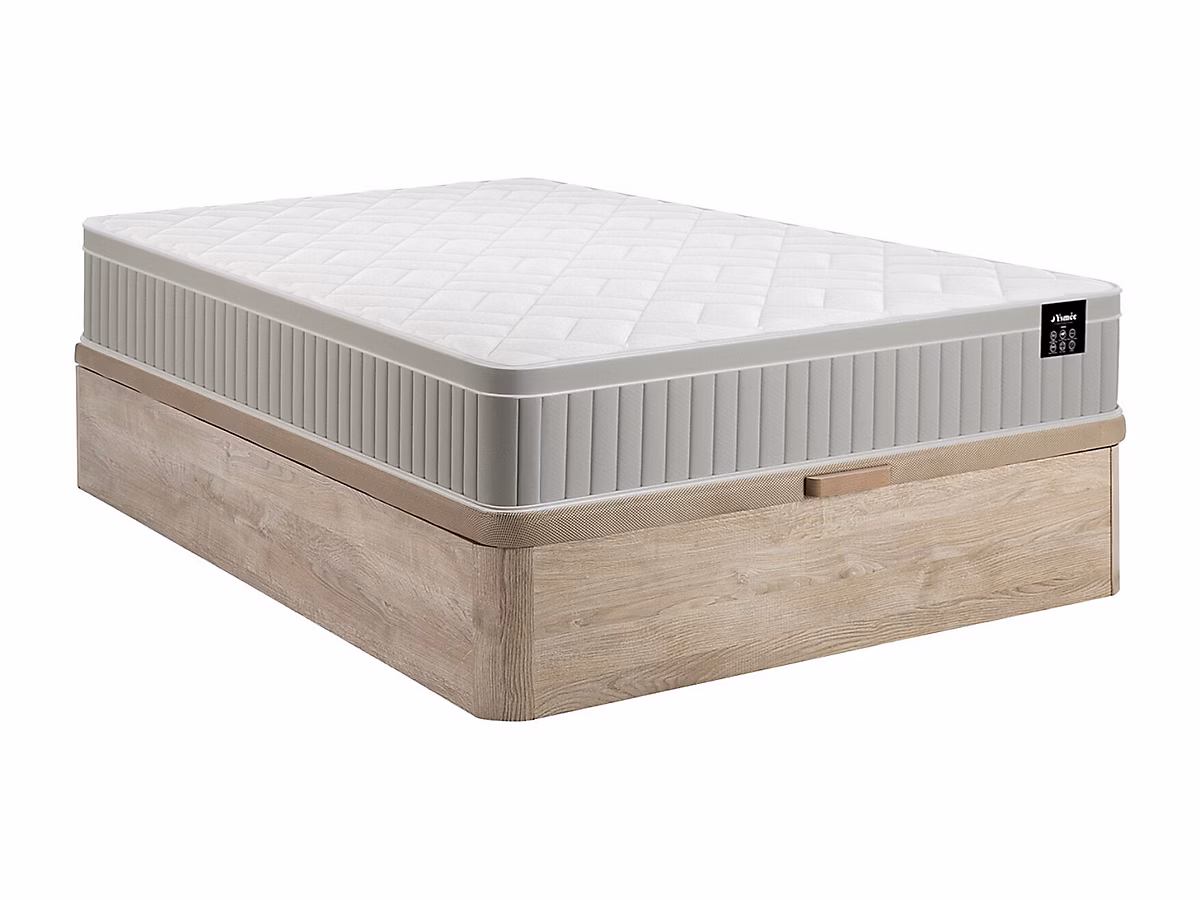 Ensemble 160 × 200 cm sommier coffre naturel clair + matelas mousse et gel à mémoire de forme 7 zones ép 22cm – SOMIRA de YSMÉE