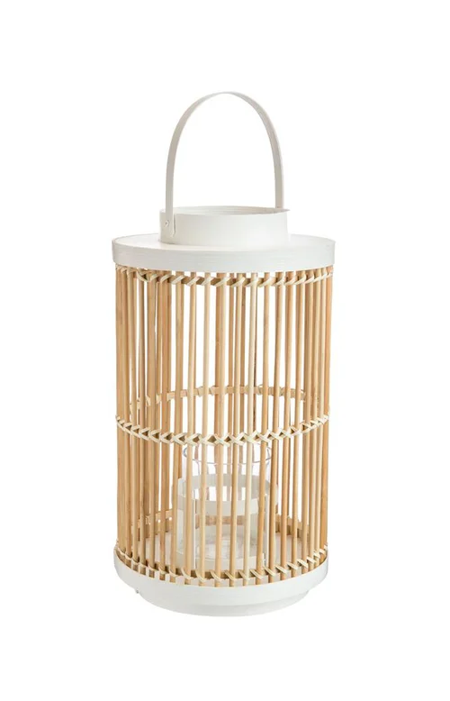 Style nature:Lanterne lignes bicolore coloris beige en bambou - 20 x 20 x 35 cm