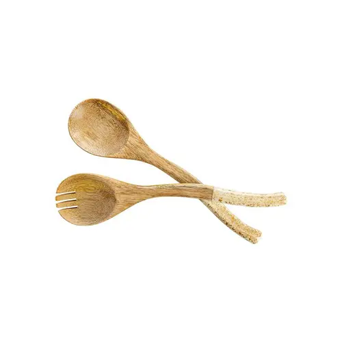 Sélection au jardin：Ensemble de 2 couverts en bois de manguier décor moucheté crème et or - 26 x 6 x 1,2 cm