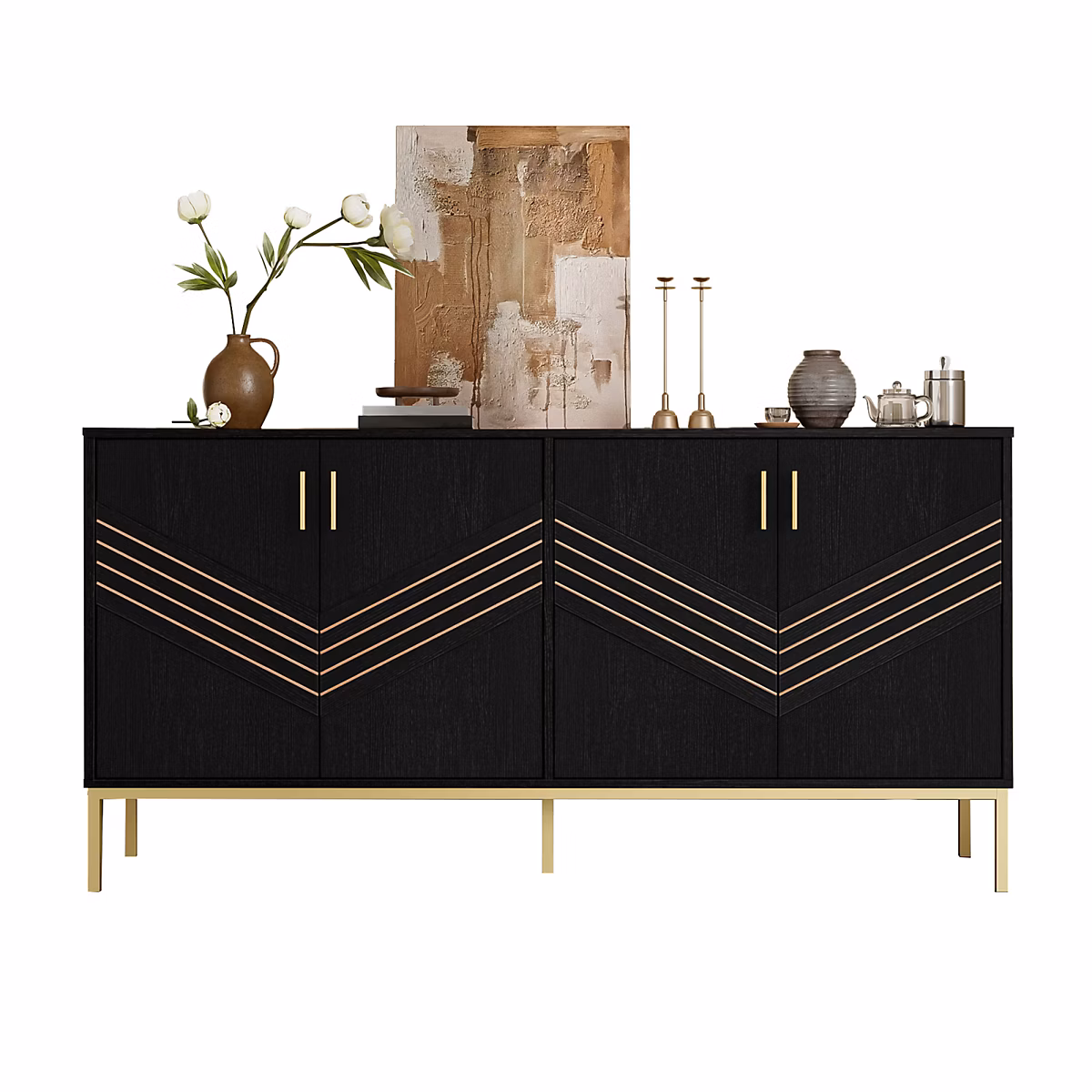 Buffet Moderne De 160 Cm – Design Noir Et Or, Grande Capacité, Hauteur Des Étagères Réglable