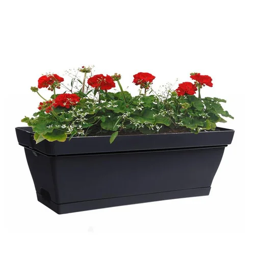 L’allié de vos extérieurs:Jardinière en plastique anthracite avec soucoupe clipsée et support Eda Poetic Roméo – 49 x 28 x 19 cm