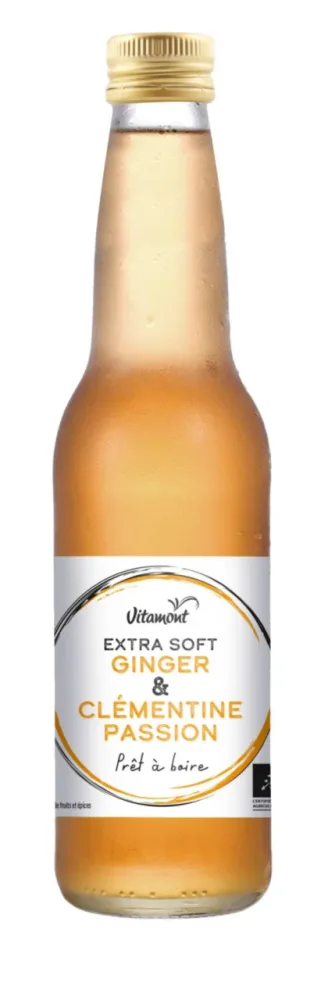 Côté jardin:Boisson Extra Soft Ginger clémentine fruit de la passion Bio en bouteille de verre Vitamont - 33 cl