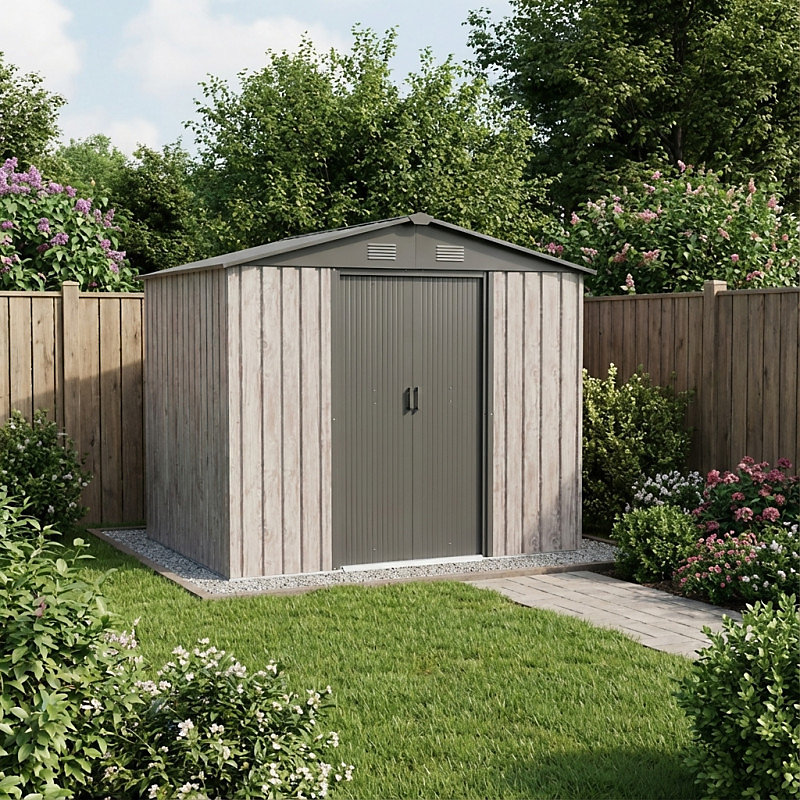 Abri de jardin métal beige 4 – 1m² avec double porte et kit d'ancrage X | Metal WoodTouch