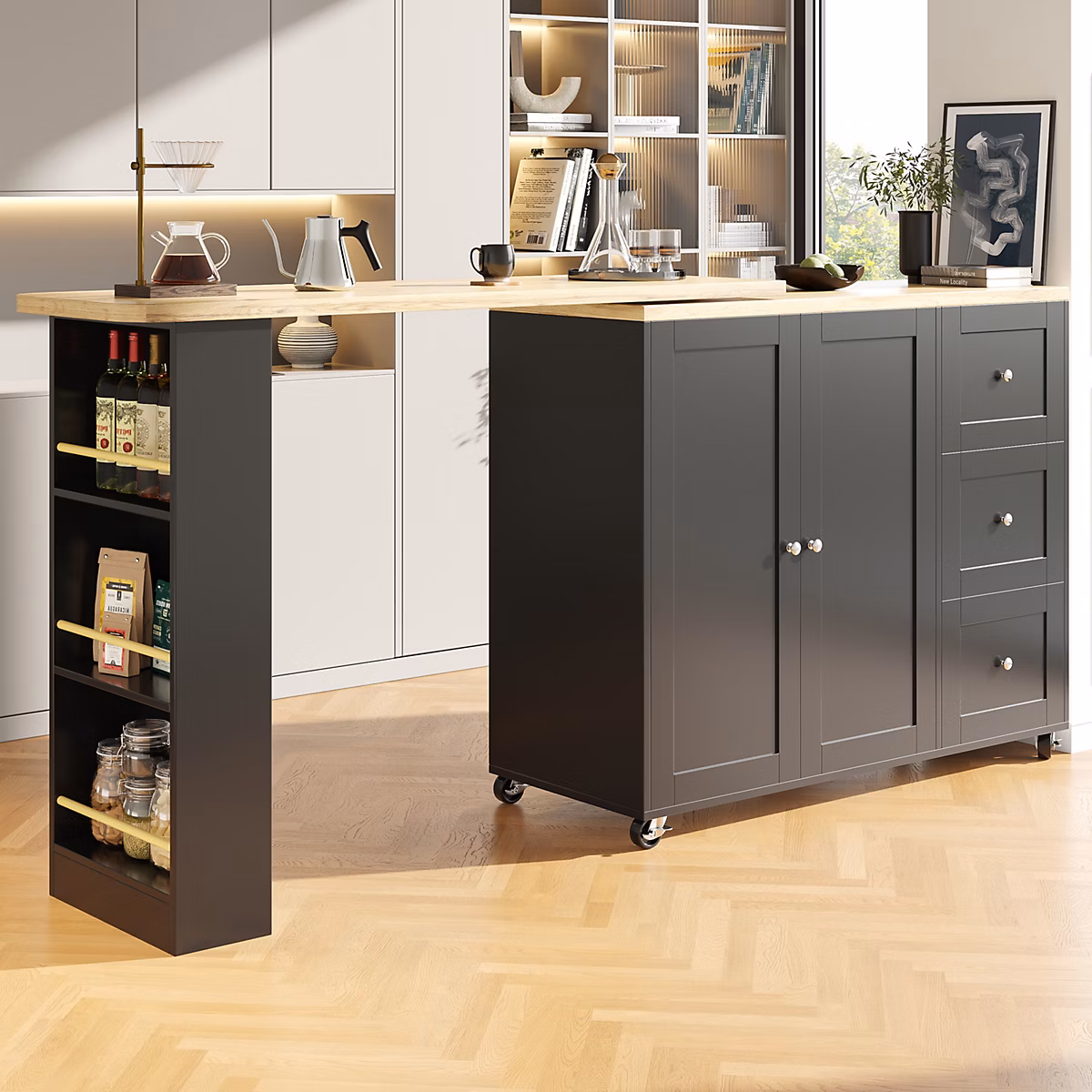 Îlot de cuisine 135-203 cm en MDF noir avec roulettes et rangement pivotant – Réf. AJRRBLBBK7106660906