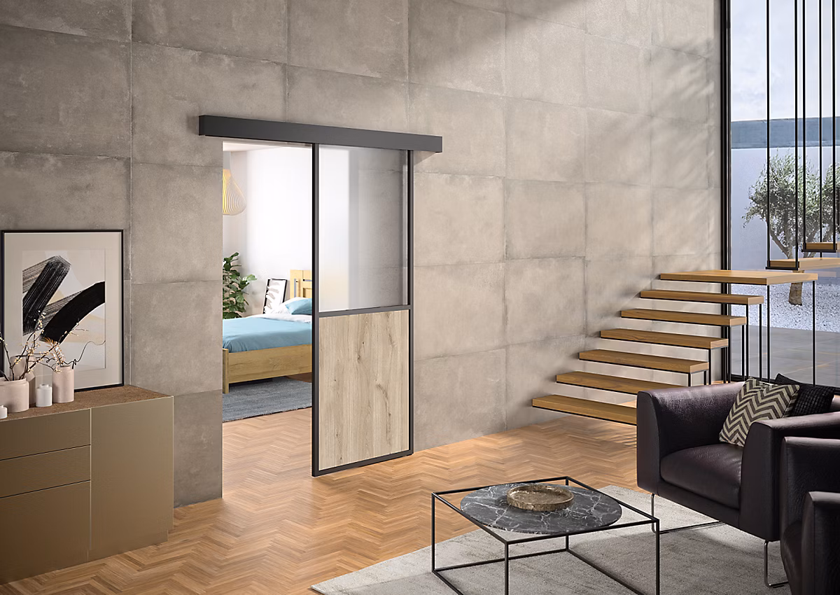 Kit porte coulissante atelier noire et chêne terra avec rail – cadre aluminium 93 × 204 cm, Optimum