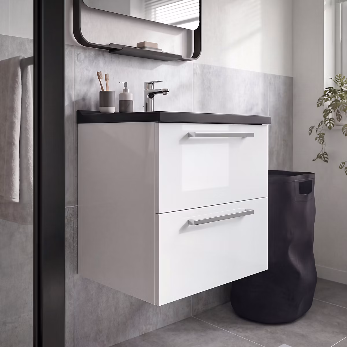 Meuble sous vasque suspendu blanc brillant l.60 cm 2 tiroirs Imandra + plan vasque faible profondeur noir céramique Nira – GoodHome