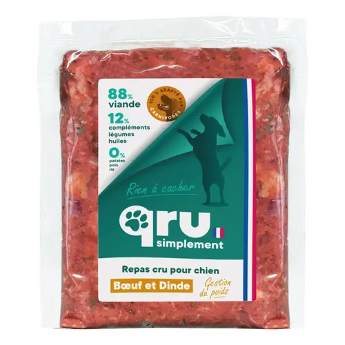 Moderne extérieur:Aliment cru pour chien repas haché dinde Qru Simplement congelé - 450 g