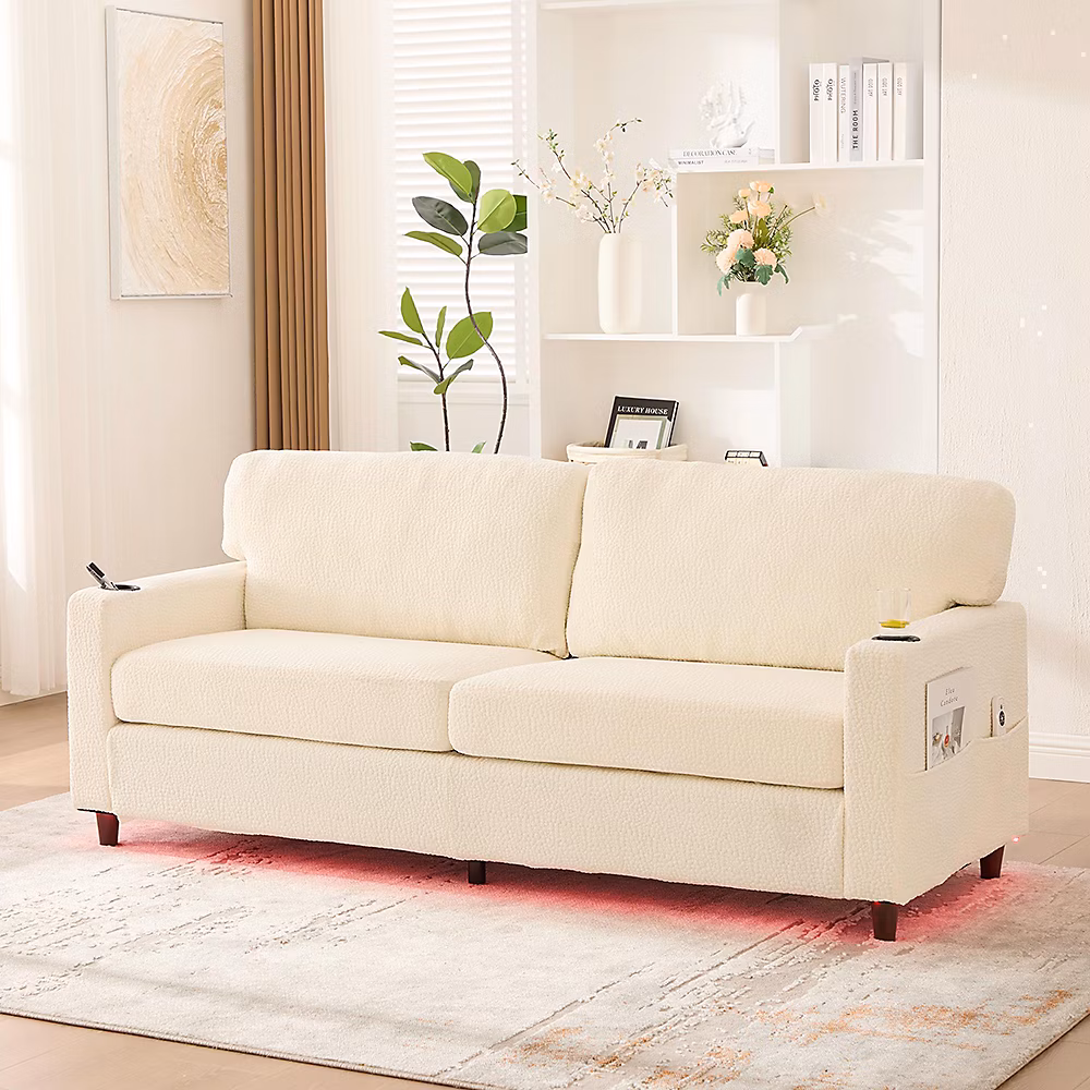 Canapé 2 places en chenille – USB-C,LED,porte-gobelets,poches latérales,structure bois/métal,beige
