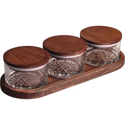 Ensemble pots en verre avec couvercle et plateau bois (3 pots ronds - Milla)