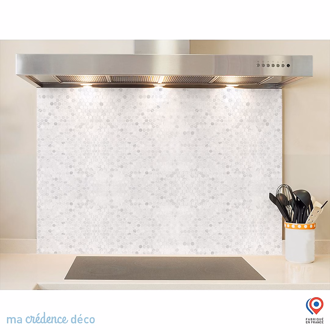 Crédence cuisine fond de hotte carrelage et cercles – Verre trempé, L 70 cm x H 60 cm, MaCrédenceDéco