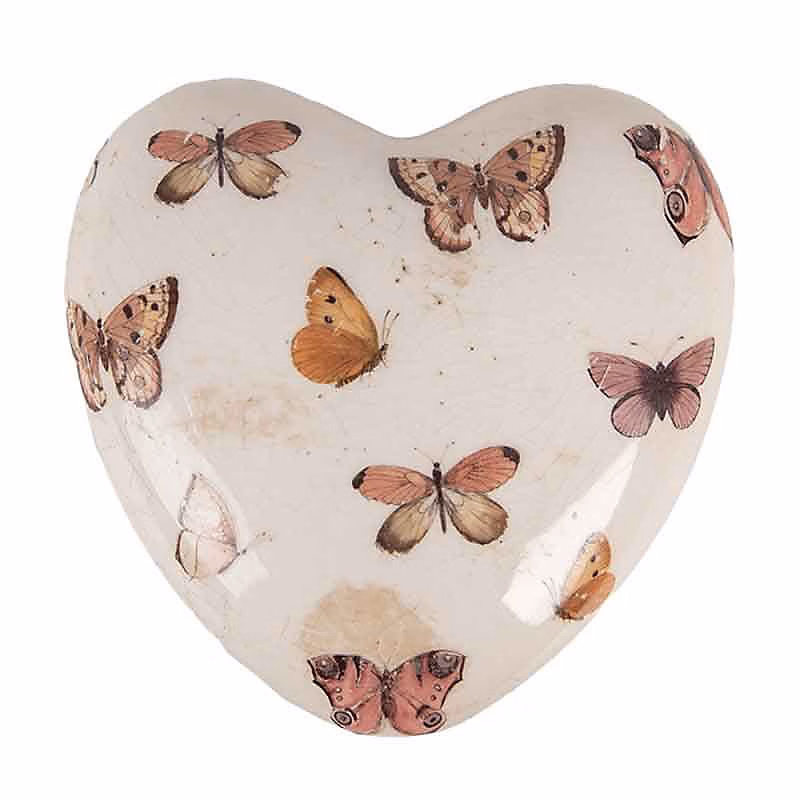 Décoration céramique coeur beige papillons 10 × 10 × 4cm