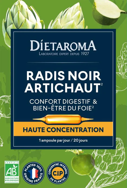 Nature facile:Complément alimentaire radis noir, artichaut CIP bio Dietaroma confort digestif et bien-être du foie - 20 ampoules x 10 ml