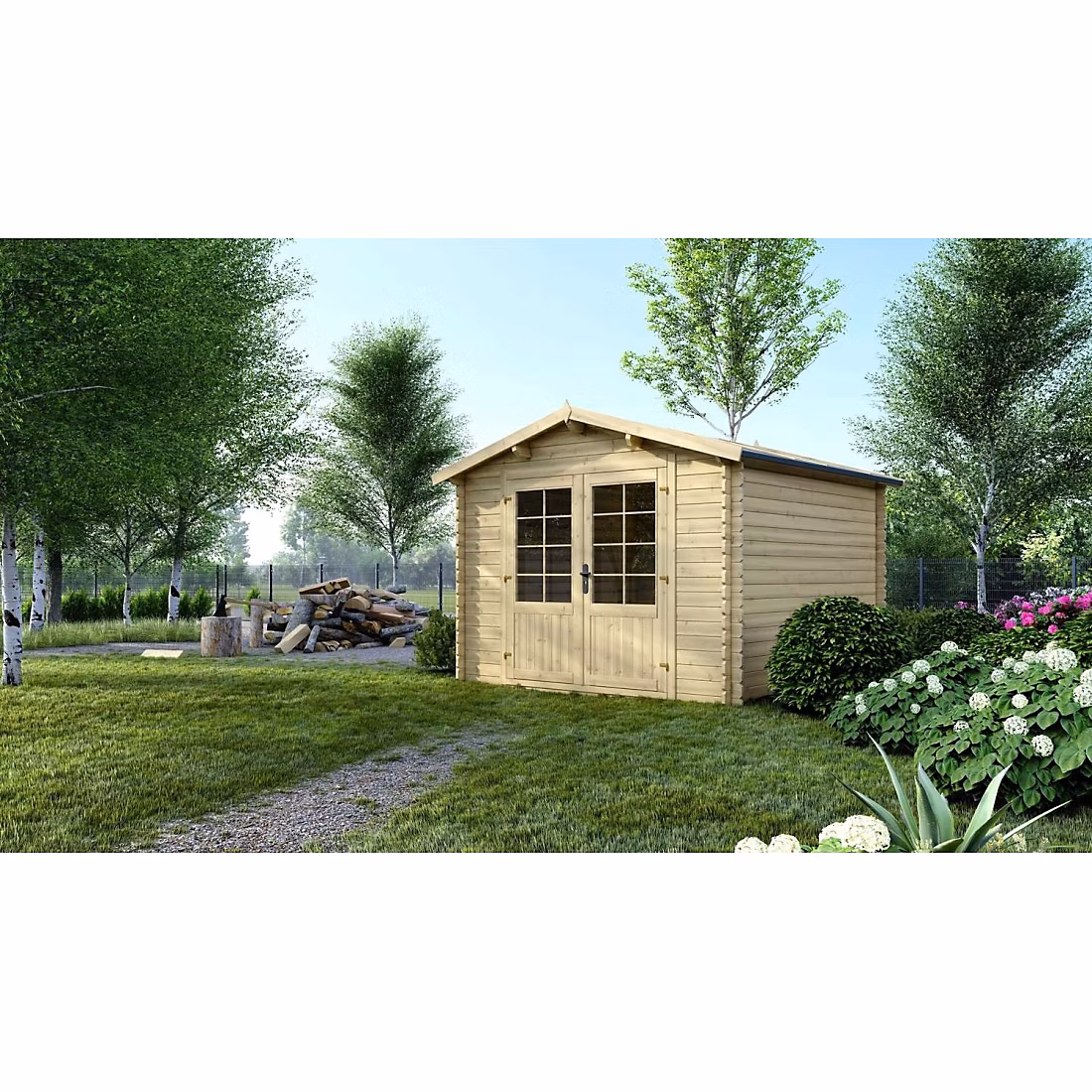 Abri de jardin en bois – 9m2, 3 × 3m, Ep. 28mm, Couleur: naturel, DOM530