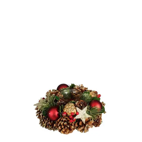 Pour plus de praticité au jardin:Centre de table bougeoir branche de sapin, pommes de pin naturelles et décorations colorées Roslyn - Ø 19 x H 9 cm