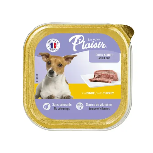 Pour plus de praticité au jardin:Terrine à la dinde Plaisir pour chien en barquette 150 g