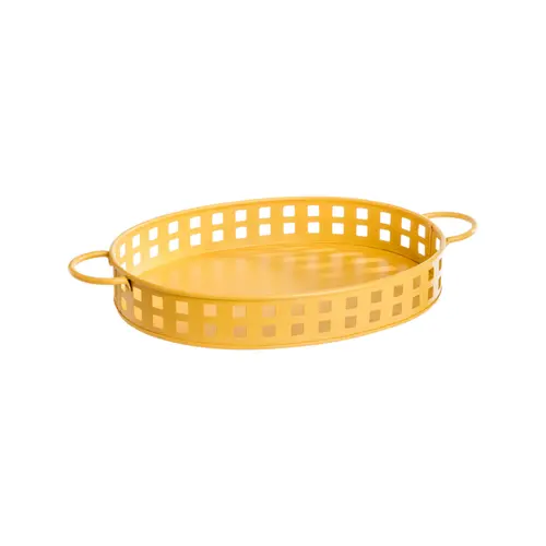 Solution au jardin：Plateau ovale à bords ajourés en métal galvanisé jaune - 32 x 24 x 5 cm
