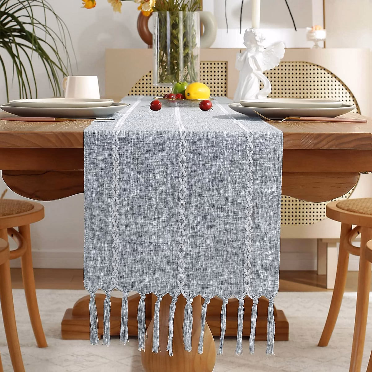 Chemin de Table Bohème Bleu Poussière 33 × 120 cm