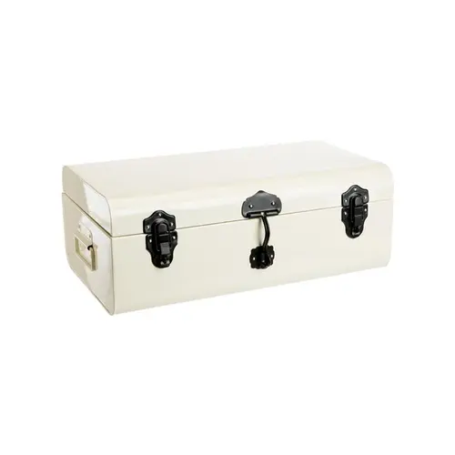 Tendance au jardin:Coffre de rangement en tôle galvanisée ivoire à fermetures métal noires grand modèle - 49 x 27,5 x 18 cm