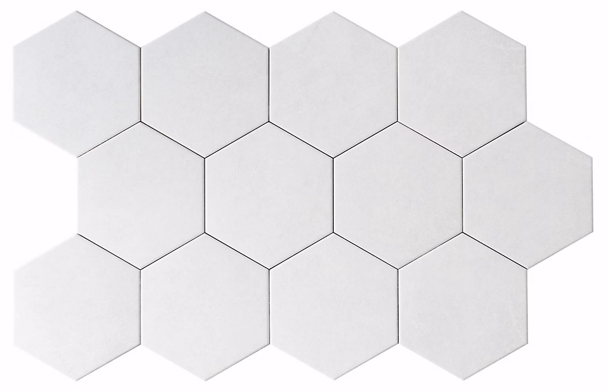 Carreau Hexagonal Effet Ciment. Grès Cérame Sol et Mur. Custom Blanc 14 × 16cm