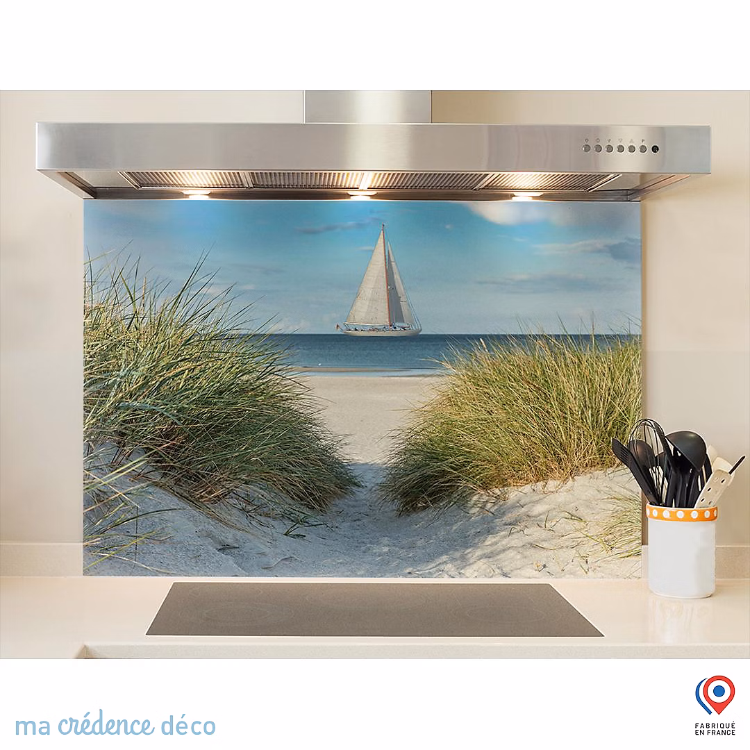 Crédence cuisine fond de hotte Dunes et plage mer – Verre trempé | L 90 cm x H 60 cm | MaCrédenceDéco