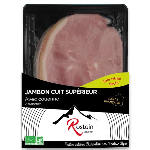 Un choix malin pour le jardin：Jambon cuit supérieur bio avec couenne en barquette de 90 g