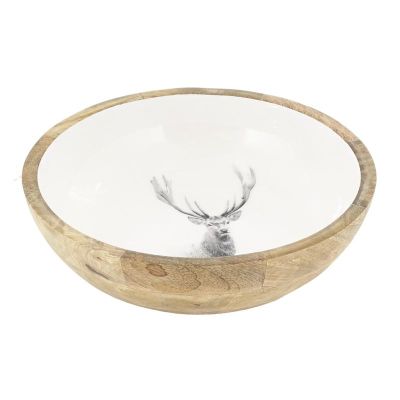 Corbeille ronde en manguier avec résine blanche décor Cerf