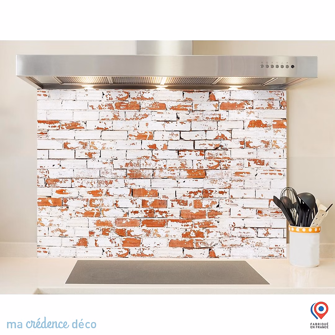 Crédence cuisine fond de hotte Mur briques rouges et blanches – Verre trempé, L 90 cm x H 50 cm, MaCrédenceDéco
