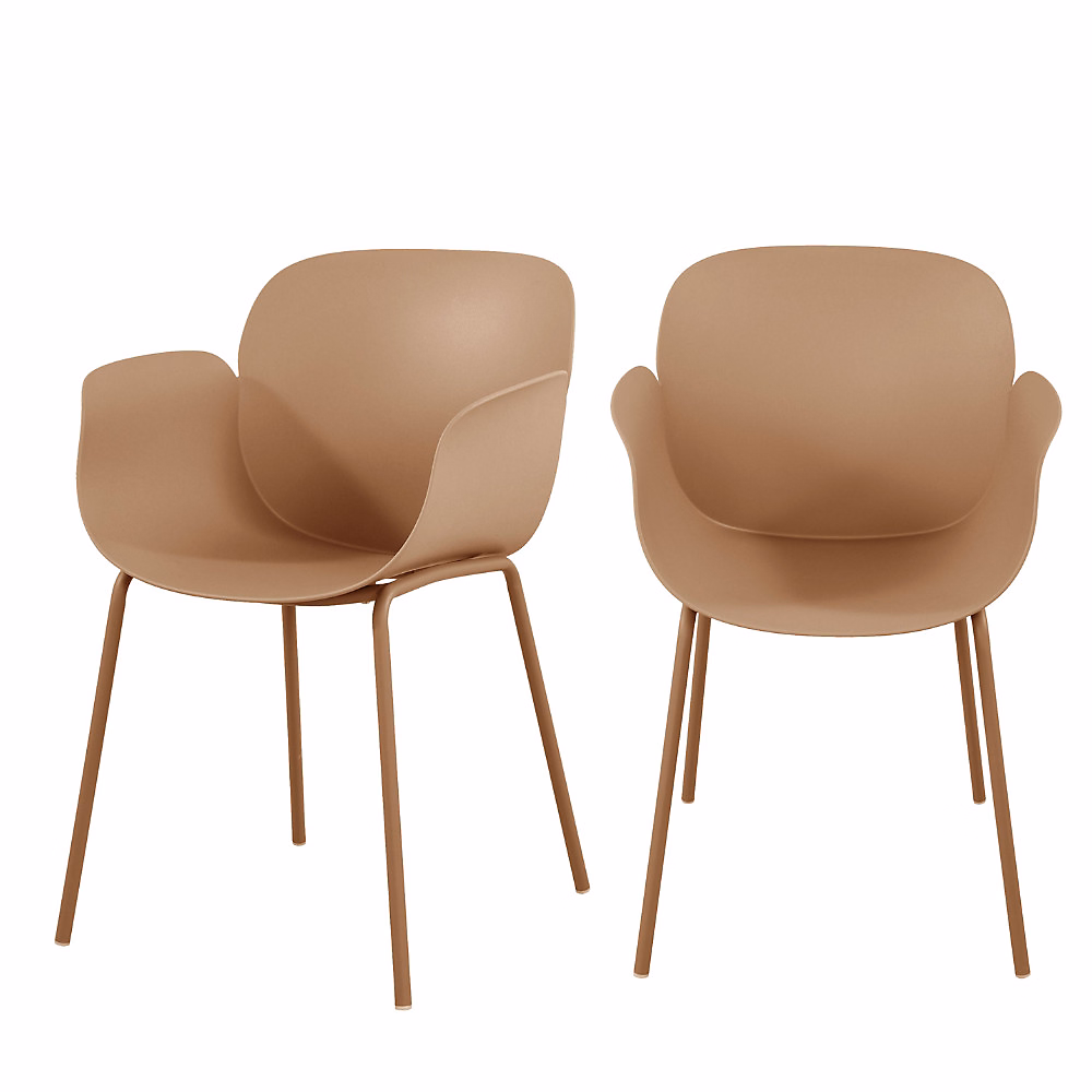 Acapulco – Lot de 4 fauteuils de table intérieur et extérieur en plastique et métal, Caramel