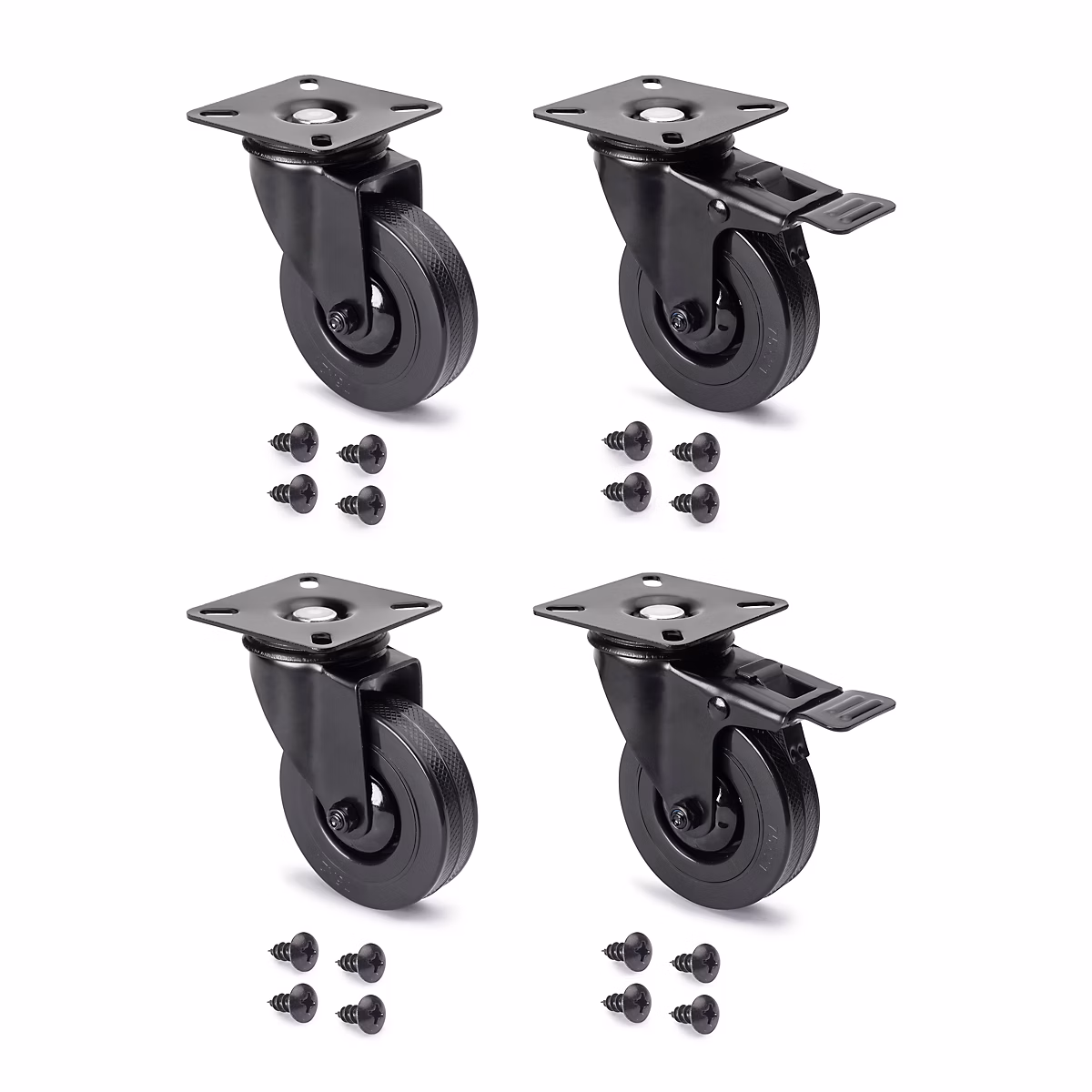 Emuca Lot de 4 roulettes Black avec plétine de montage – diamètre 75mm, Plastique et Acier, Noir