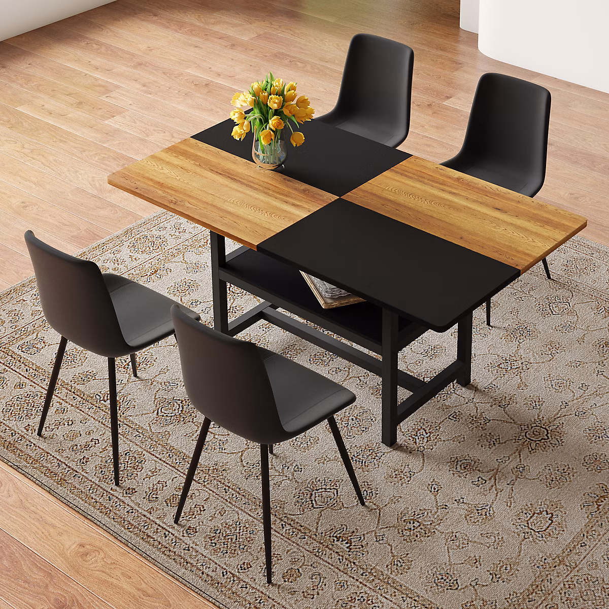 Ensemble table et chaise – Ensemble table à manger 160 cm marron et noir avec rangement et 4 chaises