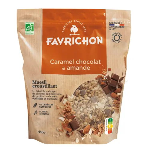 L’essentiel pour le jardin:Muesli croustillant caramel chocolat amande Favrichon - 450 g