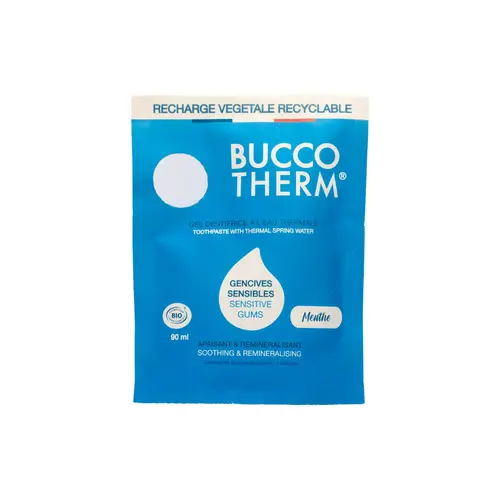 Une touche jardin：Gel gencives sensibles au fluor écorecharge Buccotherm - 90 ml