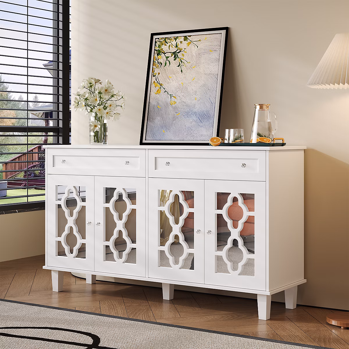 Buffet Moderne avec 4 Portes Miroir – Tiroirs et Étagères Réglables | Rangement pour Salon/Salle à Manger | MDF Blanc | 140 × 40 × 83 cm