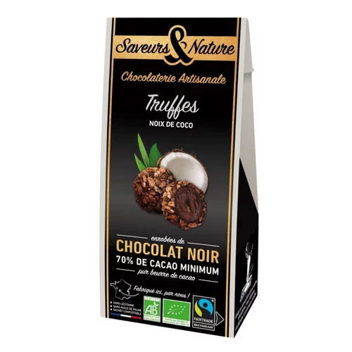 Jardin chez vous:Truffes à la noix de coco enrobées de chocolat noir bio Saveur et nature - 100 g