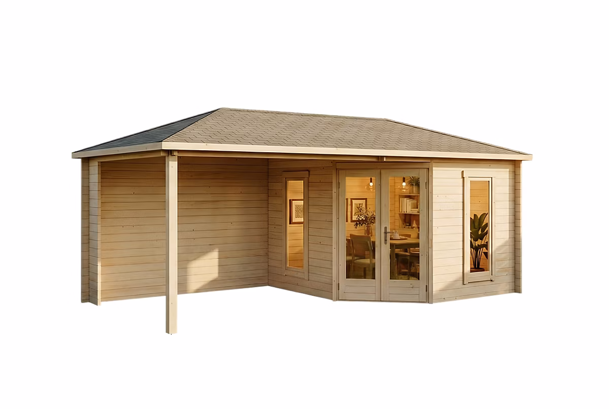 Abri de jardin pentagonal Liwa Alpholz – 61 × 32m dim ext (cas échéant incl débord de toit) naturel, 28mm, 19,5m² superficie totale