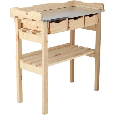 Table à rempoter en pin avec plateau zinc (3 tiroirs)
