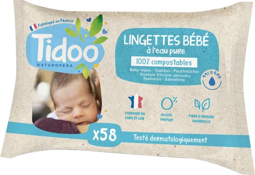 Nature facile:Lingettes bébé à l'eau pure 100 % compostables Tidoo - Paquet de 58 lingettes