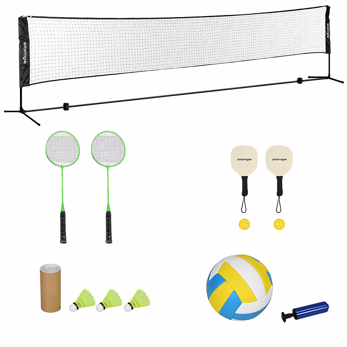 Ensemble set complet de badminton – pickleball et volleyball 3 en 1 réglable noir