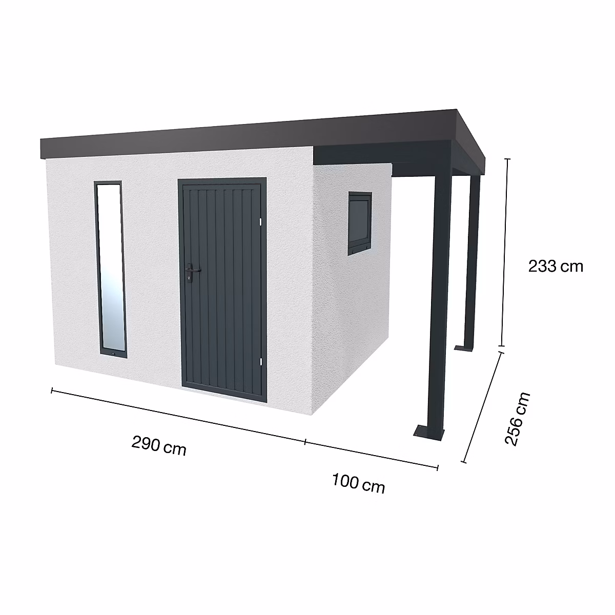 Abri de jardin en métal finition crépi 2900 × 2560 mm blanc avec auvent à droite 1000 × 2560 mm anthracite