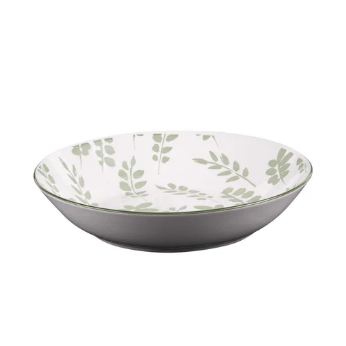 Pour créer votre espace extérieur：Assiette calotte en porcelaine blanche avec motifs printaniers verts Episia - Ø 20 cm