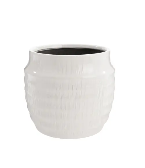 Bien pratique au jardin：Cache-pot Linea coloris blanc en céramique - 21 x 21 x 18 cm