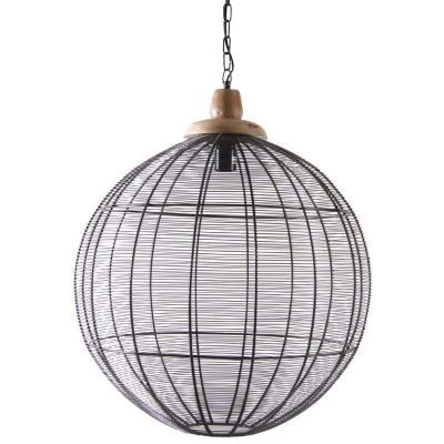 Lampe suspension en métal laqué gris et bois (Boule)