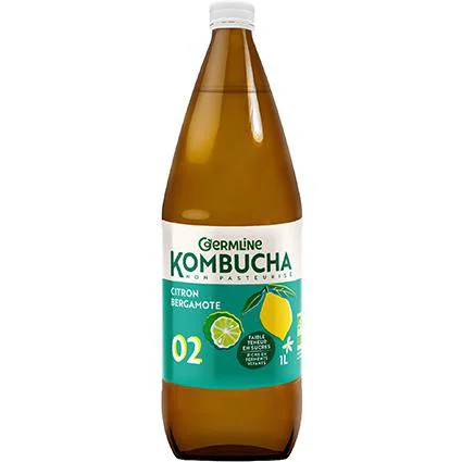 Le pratique au jardin：Kombucha non pasteurisé citron bergamote bio en bouteille de verre Germline - 1 litre
