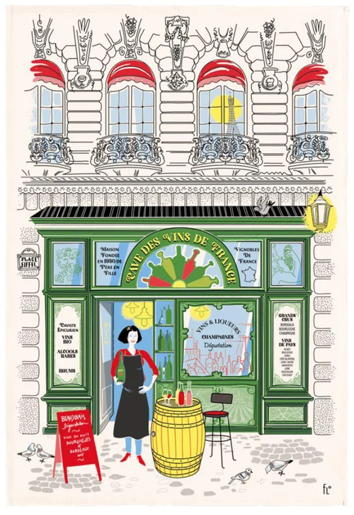 Facile à intégrer au jardin：Torchon en coton écru décor façade de caviste Winkler - 48 x 72 cm