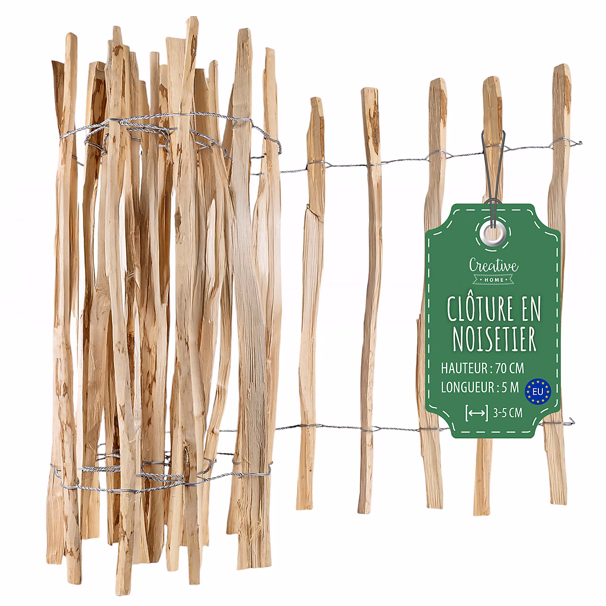 Creative Home Clôture en Bois de Noisetier – 70 cm x 5 m, Clôture en Rouleau avec Espacement de 3-5 cm, Bordure de Jardin