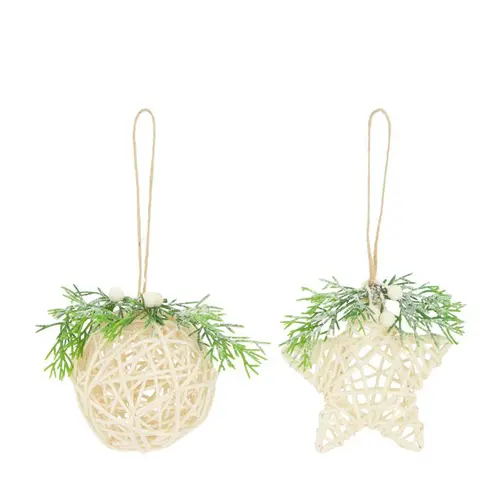 L’essentiel pour l’extérieur：Décoration à suspendre en rotin blanc avec branchage vert - 8 x 8 x 10 cm