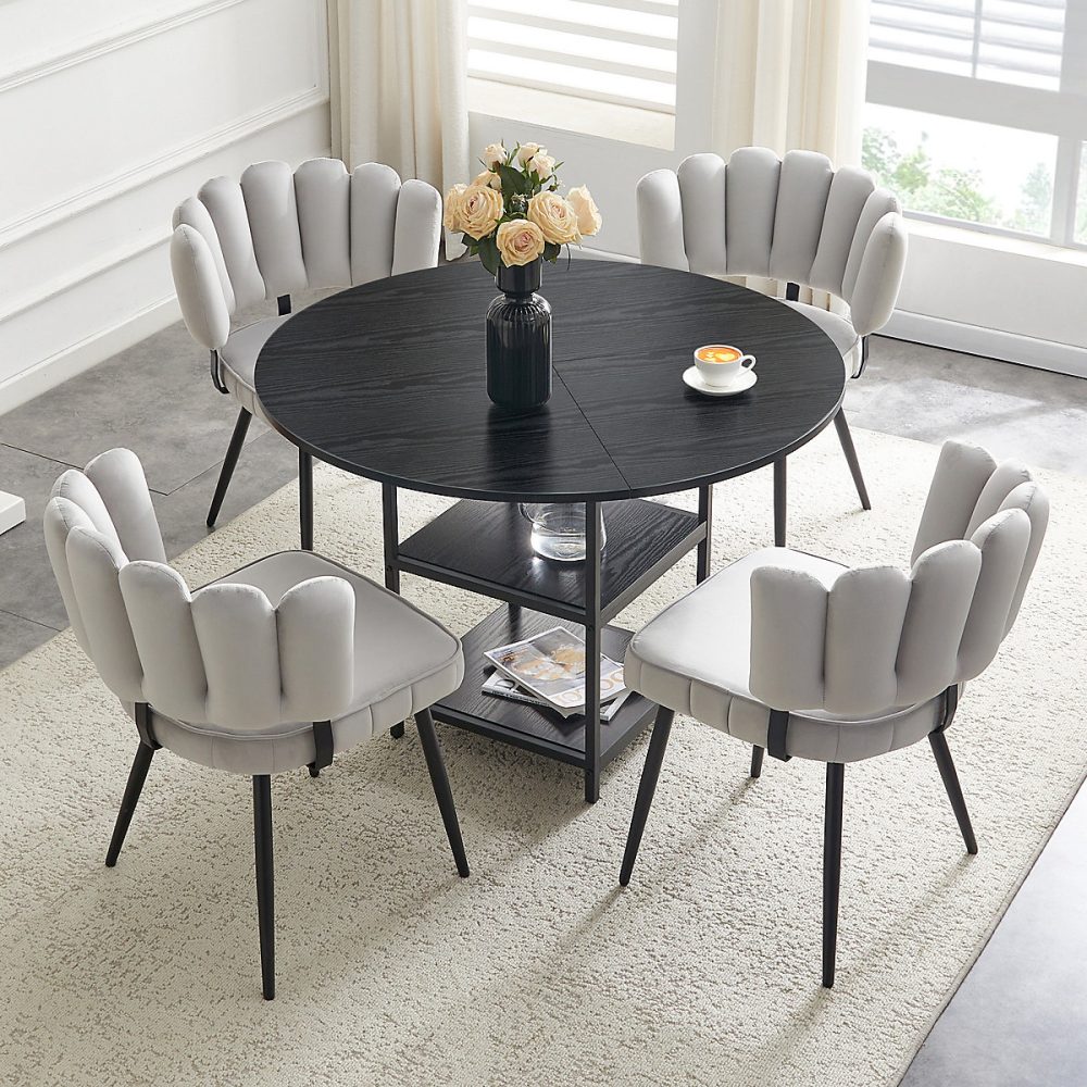 Ensemble table et chaise – Ensemble table ronde 107 cm et 4 chaises en MDF noir et tissu gris clair