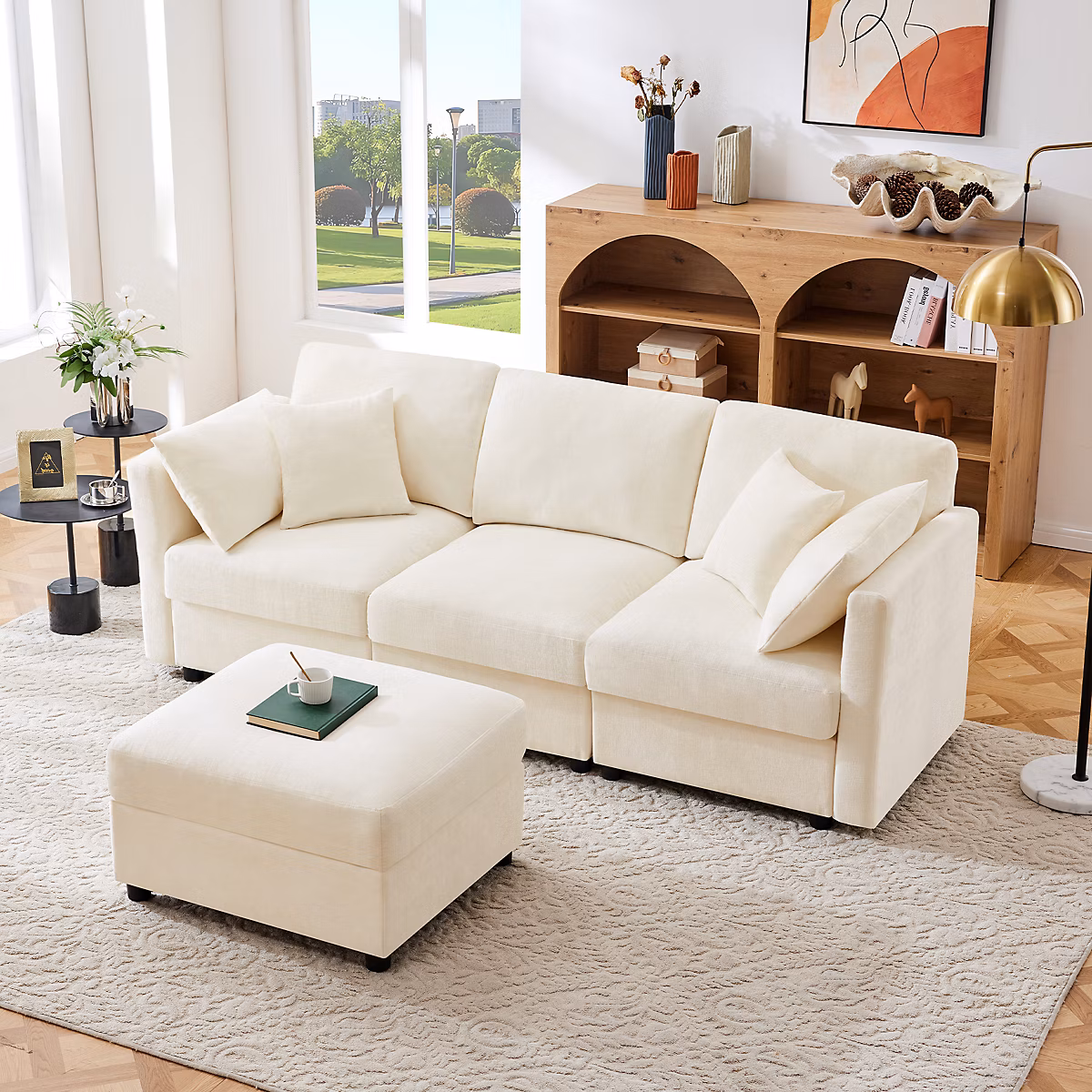 Canapé 3 Places avec Ottoman | Accoudoirs Réglables – Canapé en Tissu Chenille avec Coussins – Beige – 218x156 – 5 × 86 cm