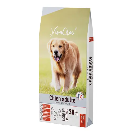 Autour du jardin：Croquettes light pour chien senior au poulet VivaCroc – 12 kg