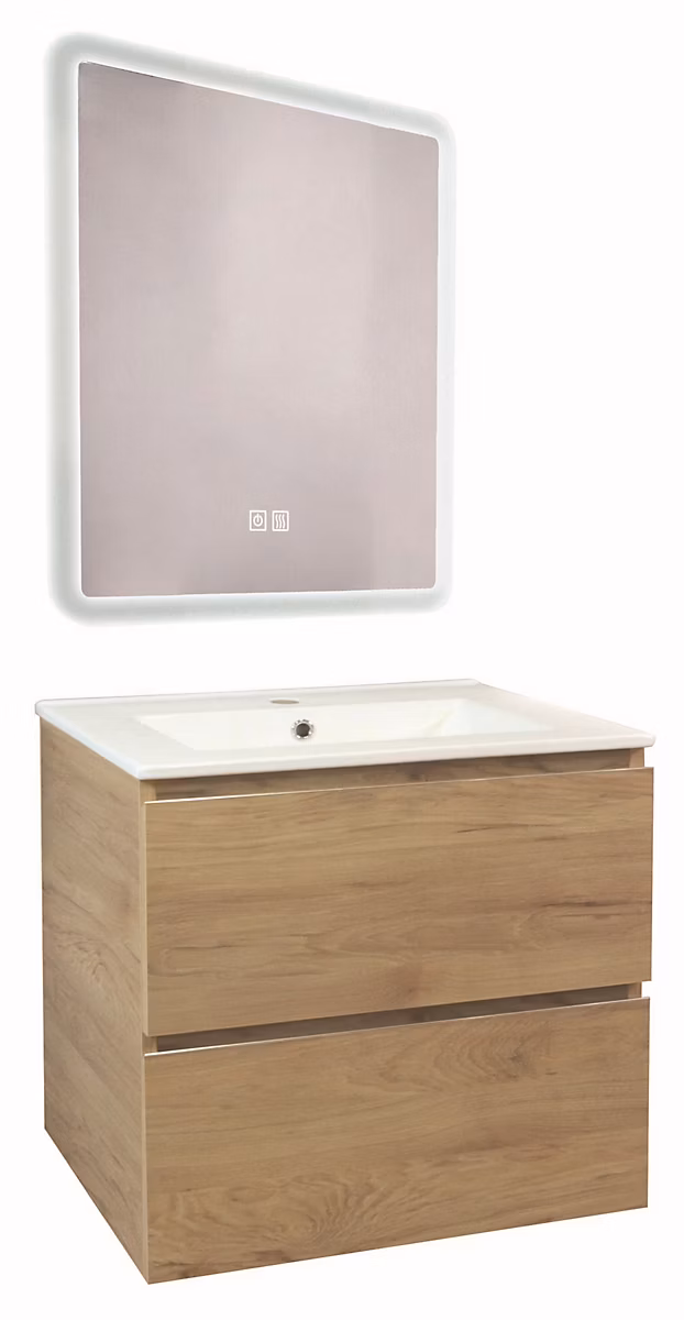 Meuble sous vasque suspendu 61 – 5 cm effet bois avec plan vasque blanc et miroir LED, Ondee Trendy